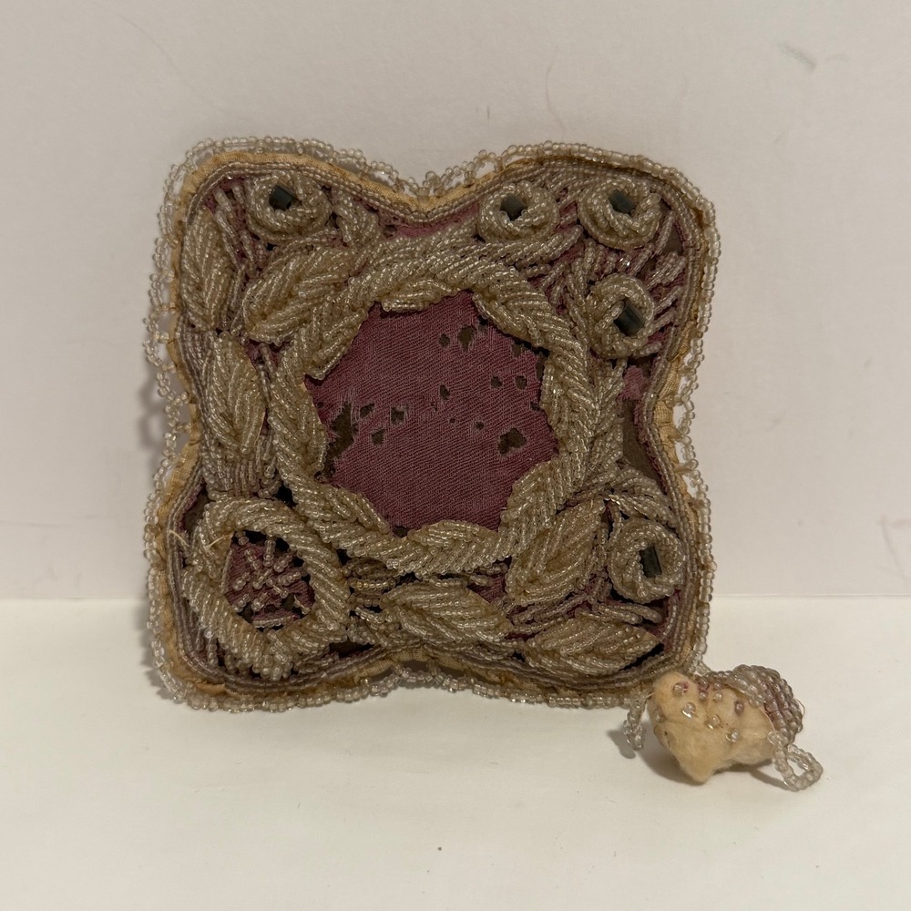 Antique Beaded Pincushion Pillow Plum Purple Handcrafted Floral Design Sewing